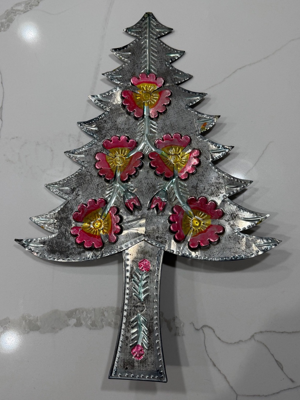 Vintage Metal Folk Art Tin Christmas Tree Wall Hanging / Candle Holder